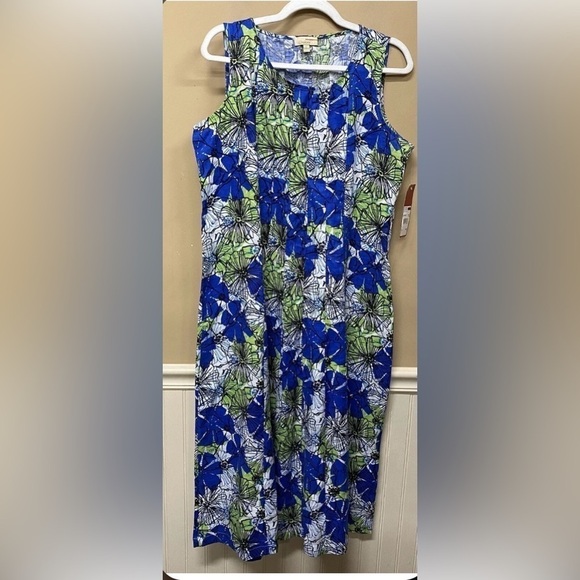 Choices Blue Green Floral Print Linen Maxi Dress Sleeveless Size L NWT - Picture 1 of 6